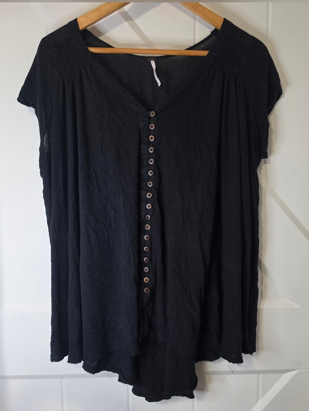 Free People Oversized Black Linen Blend Button Short Sleeve Tunic Top S 00012